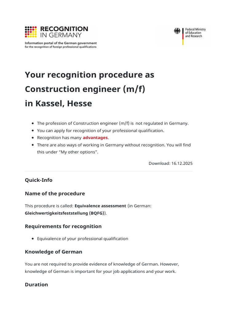 Construction Engineer Recognition in Germany | PDF | Professional ...