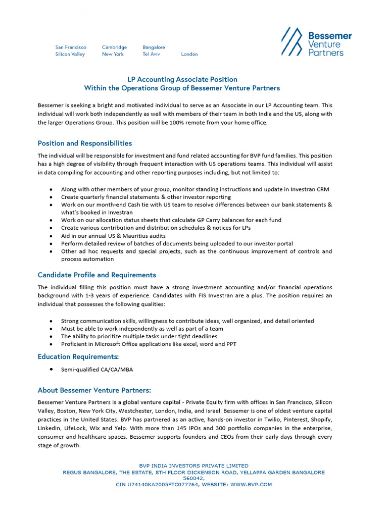 Job Decription - LPA Associate - BVP India | PDF | Venture Capital |  Corporate Finance