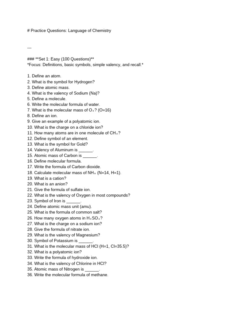 Practice Questions - Language of Chemistry | PDF | Ion | Molecules