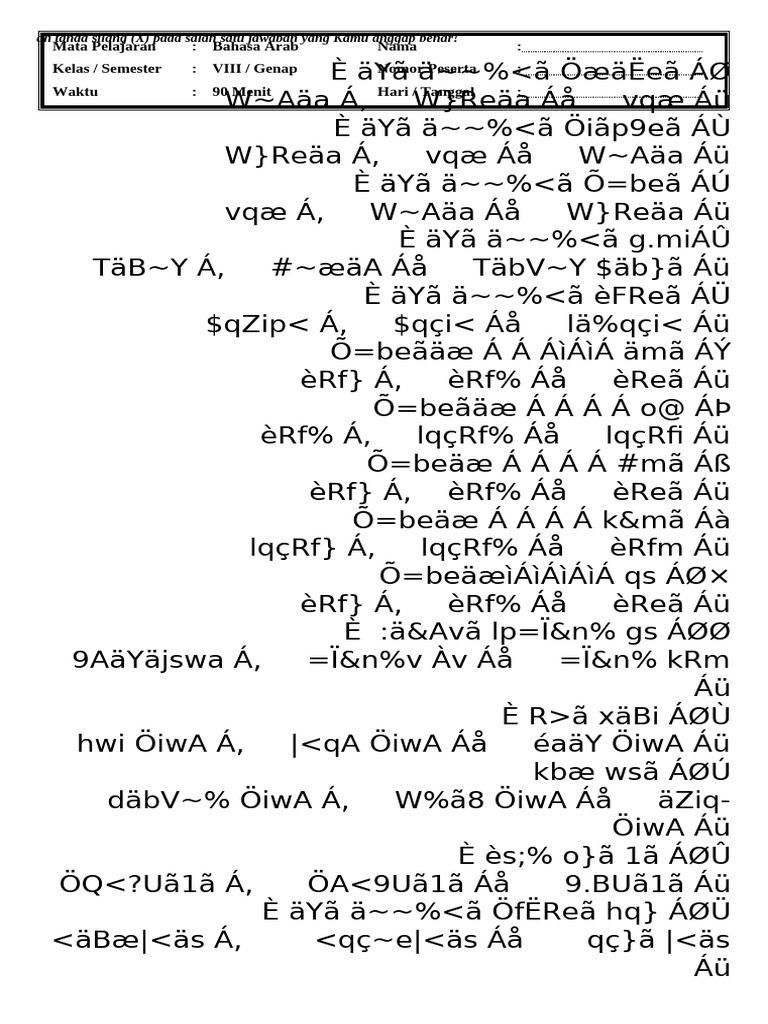 Soal Ujian Bahasa Arab Kelas VIII | PDF