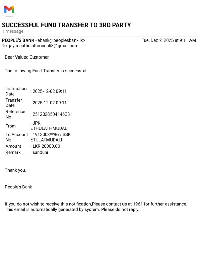 Successful Fund Transfer Notification | PDF