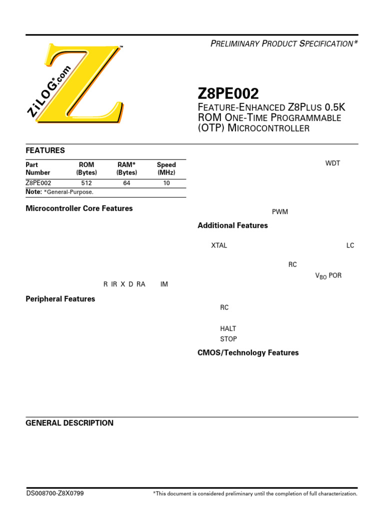 Z8PE002 OTP Microcontroller Specs | PDF | Microcontroller | Computer ...
