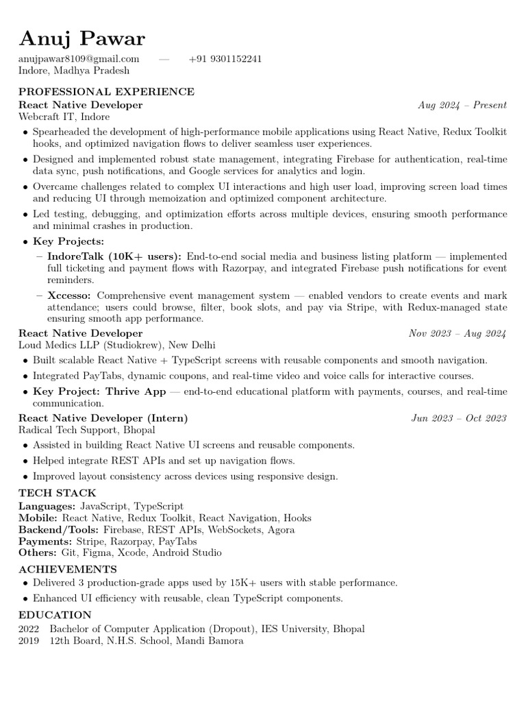 React Native Developer Resume Summary | PDF | Mobile App | Computing