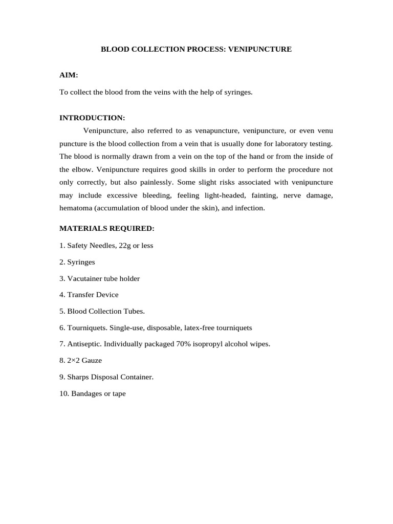 Experiment 1 Blood Collection Procedure | PDF