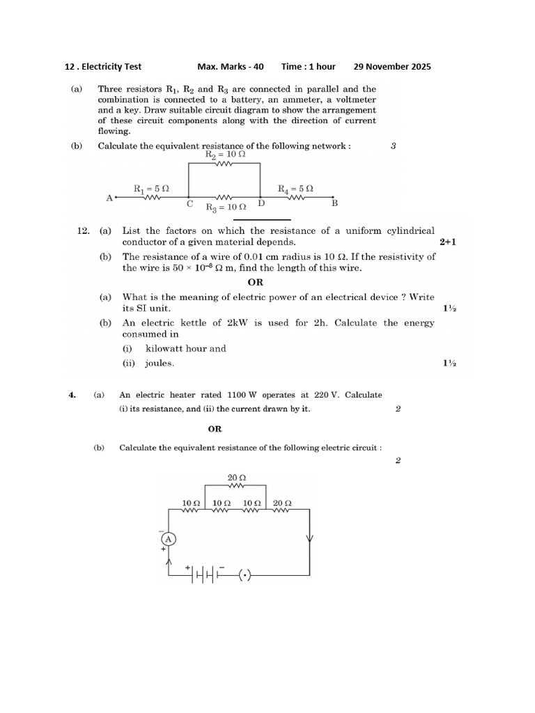 Electricity Test Questions and Solutions | PDF