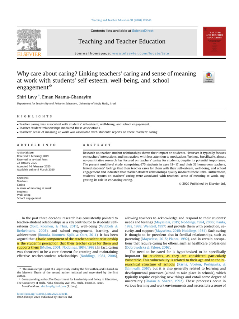 Teacher Caring and Student Well-Being | PDF | Well Being | Self Esteem