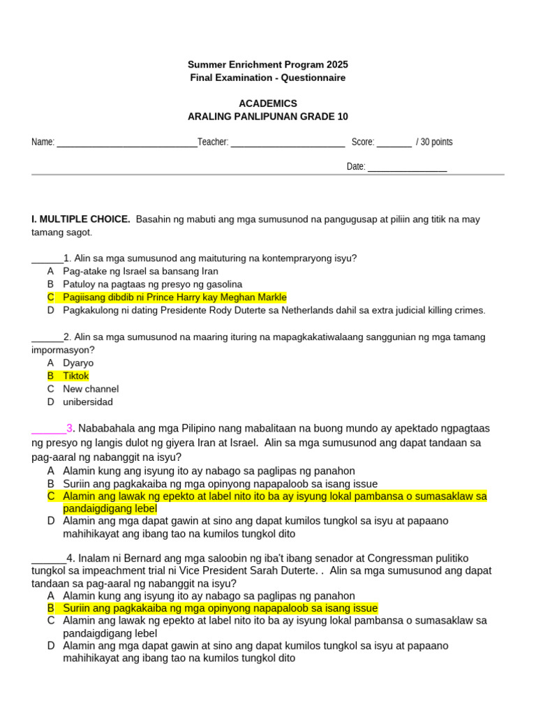 AP g10 Sep 2025 - Final Exam | PDF