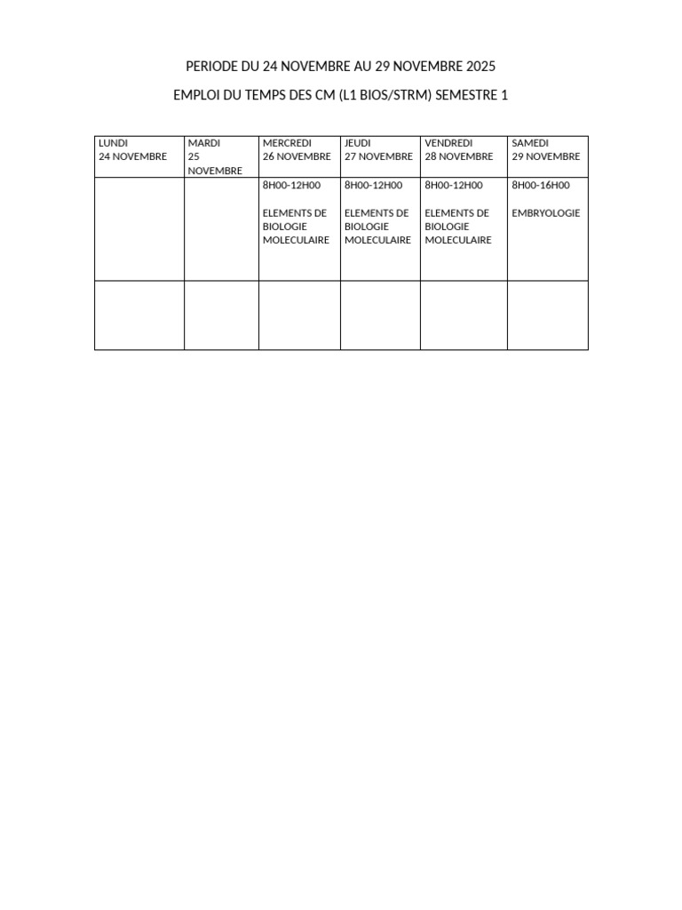 Emploi du temps L1 Bios/Strm Nov-Déc 2025 | PDF