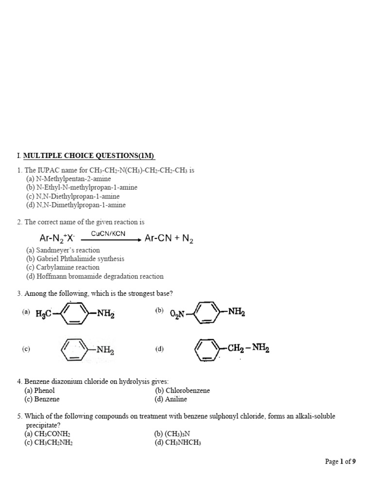 Chemistry Worksheet on Amines for Class XII | PDF | Chemistry | Organic ...