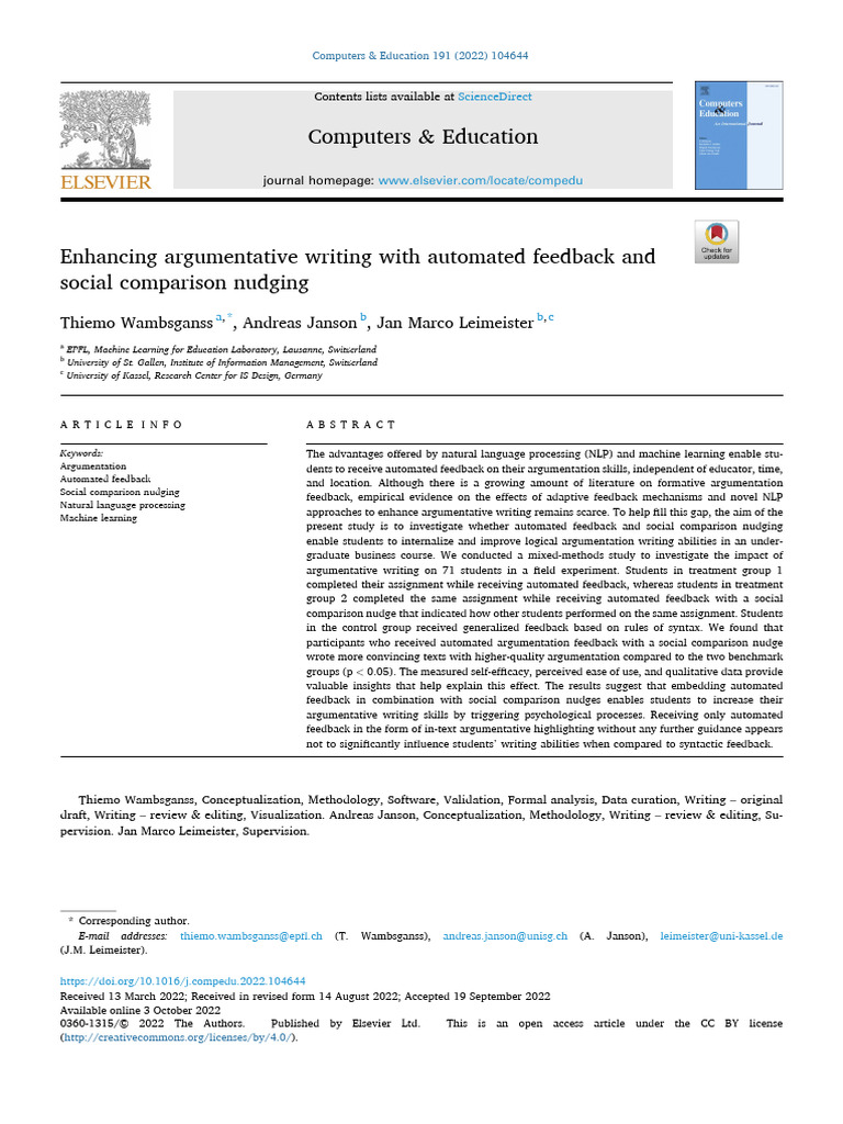 Enhancing Argumentative Writing With Automated Feedback A 2022 ...
