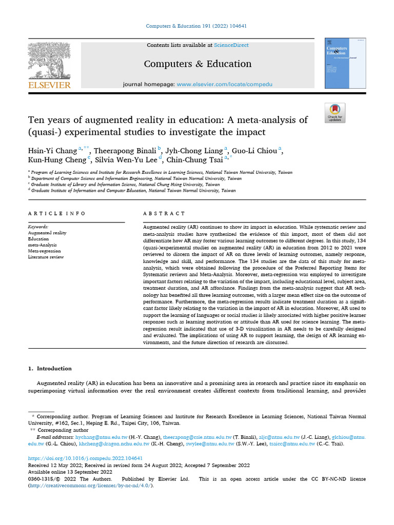 Ten Years of Augmented Reality in Education A Meta Analysis 2022 ...