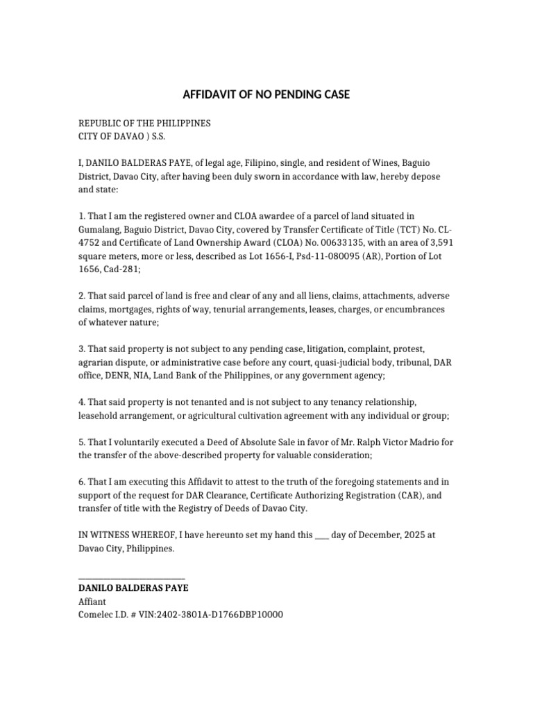 Affidavit of No Pending Case Davao City | PDF