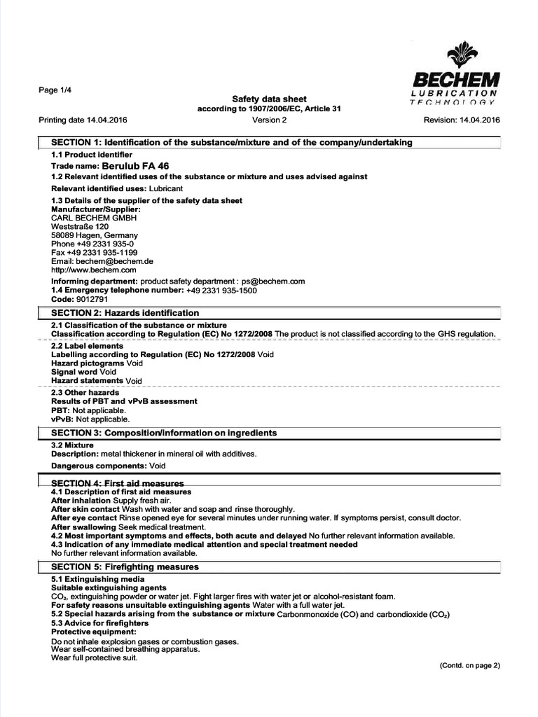Safety Data Sheet for Berulub FA 46 | PDF | Toxicity | Dangerous Goods