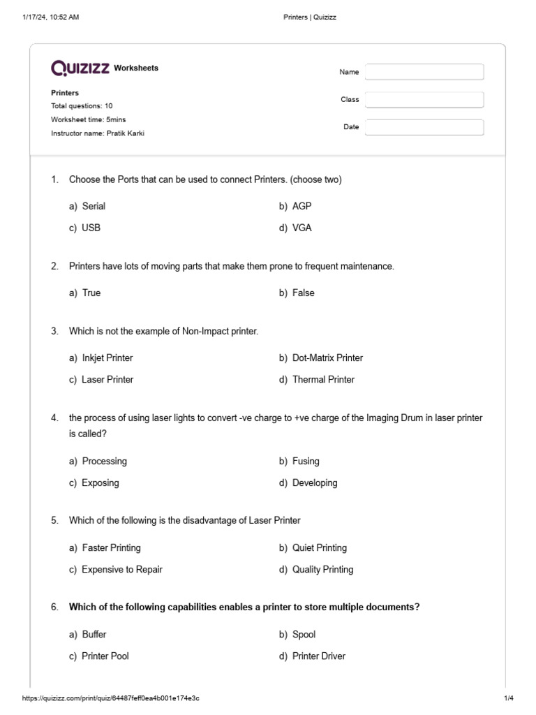 Printer Quiz Questions and Answers | PDF | Printer (Computing) | Office ...