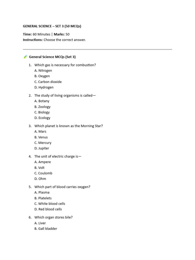 General Science MCQ Set 3 With ANS | PDF | Blood | Oxygen