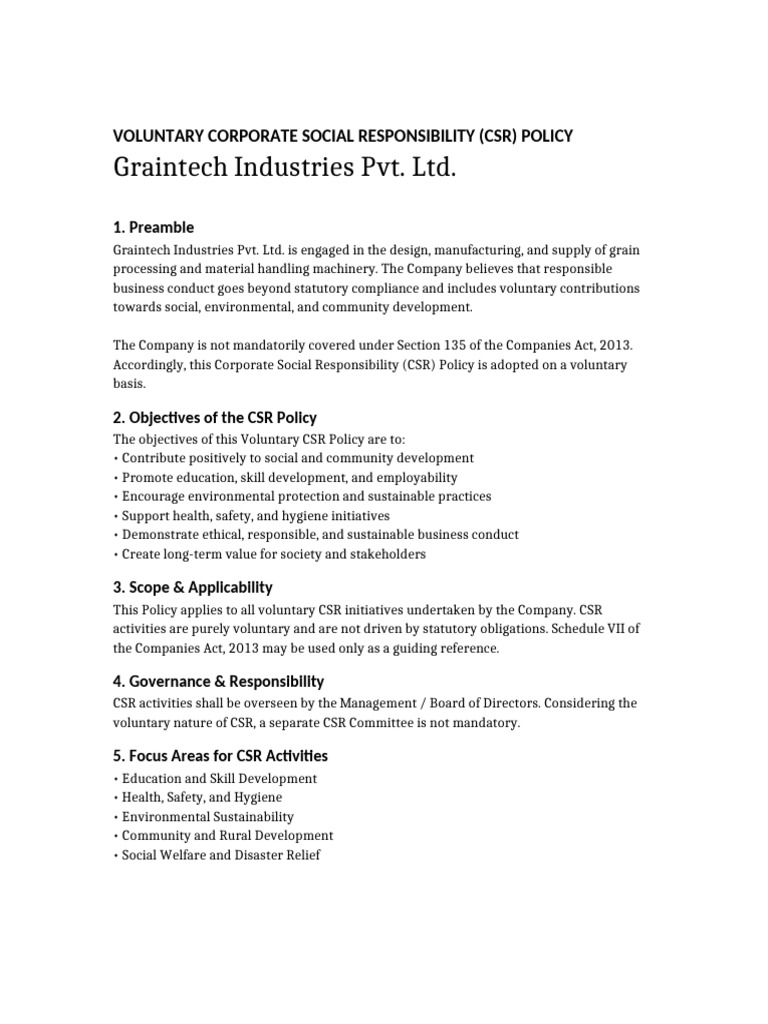 Voluntary CSR Policy Graintech Industries | PDF