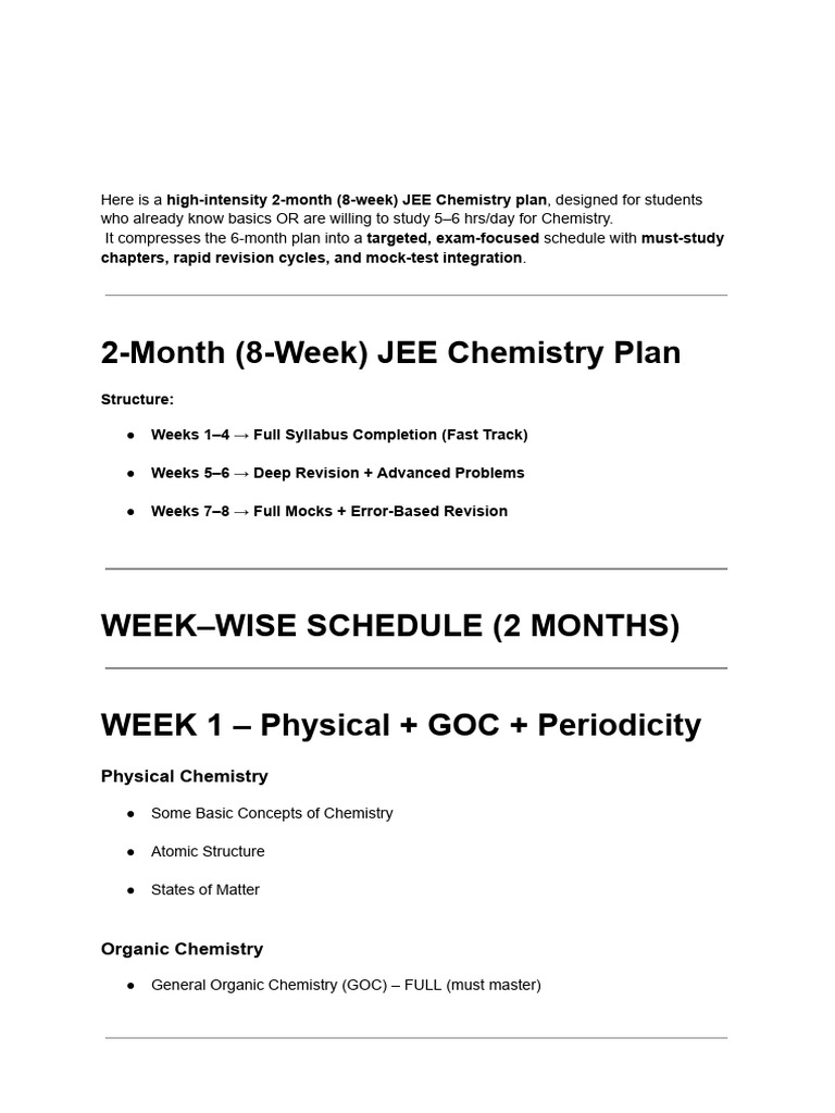 2-Month JEE Chemistry Study Plan | PDF | Inorganic Chemistry | Chemistry