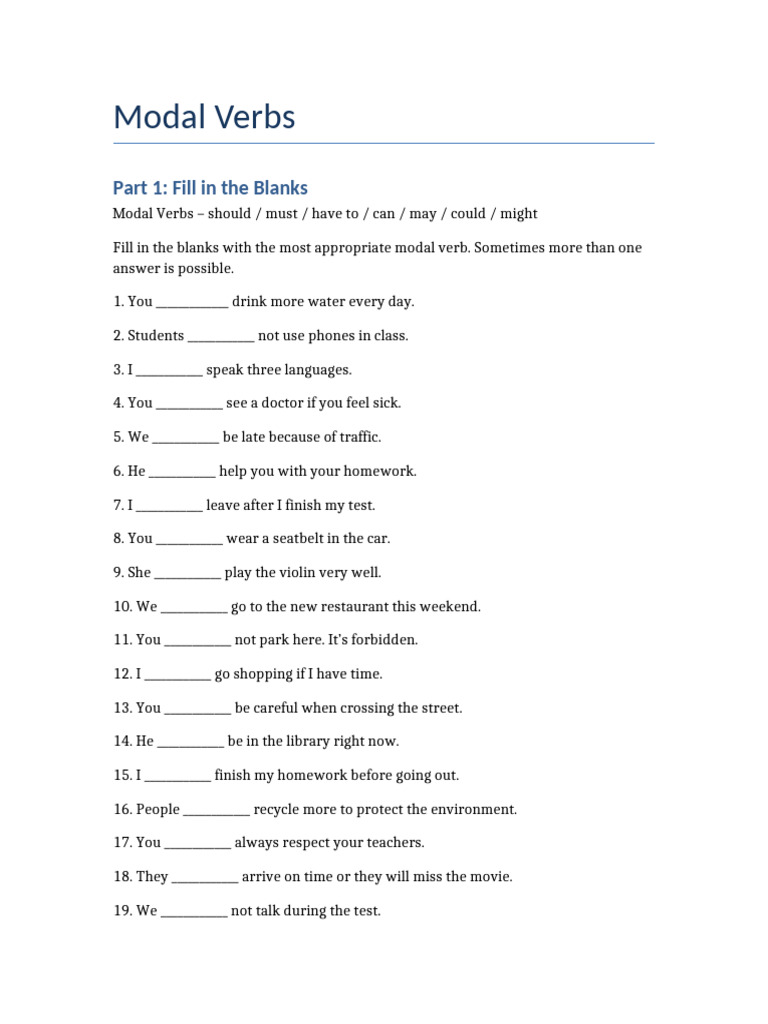 Modal Verbs Practice Exercises | PDF | Linguistics | Chess Theory