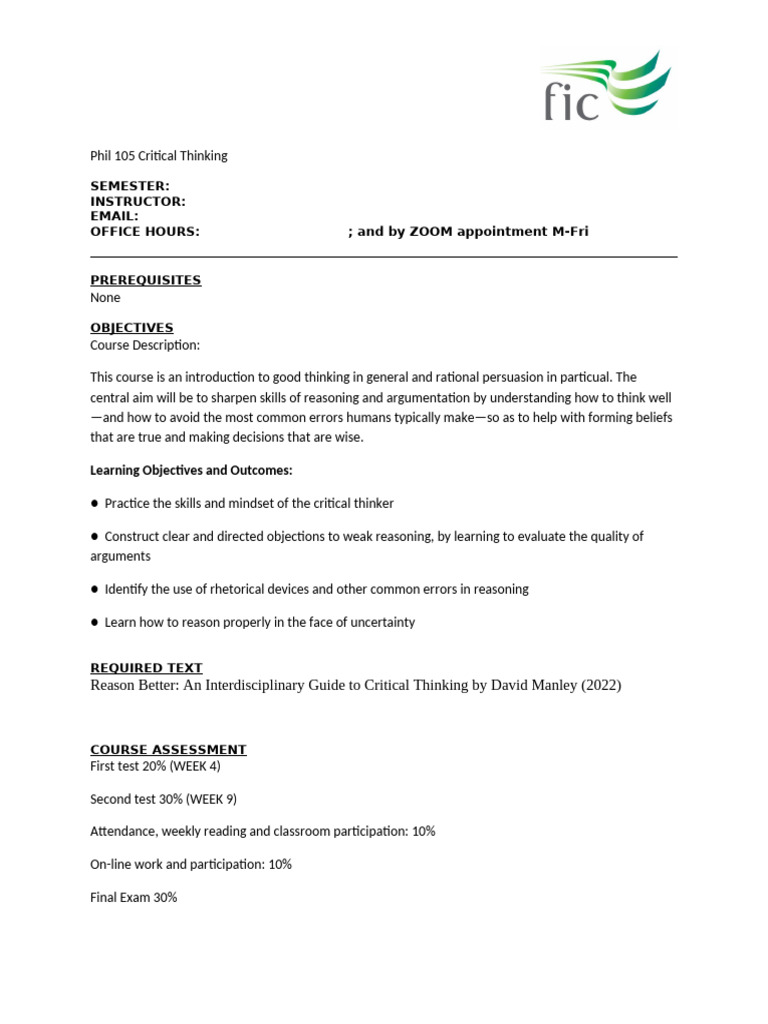 Phil 105: Critical Thinking Course Guide | PDF | Academic Integrity ...