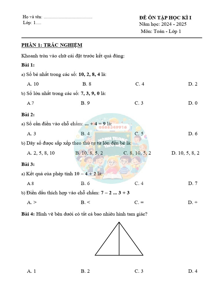 De On Tap Toan Lop 1 R | PDF