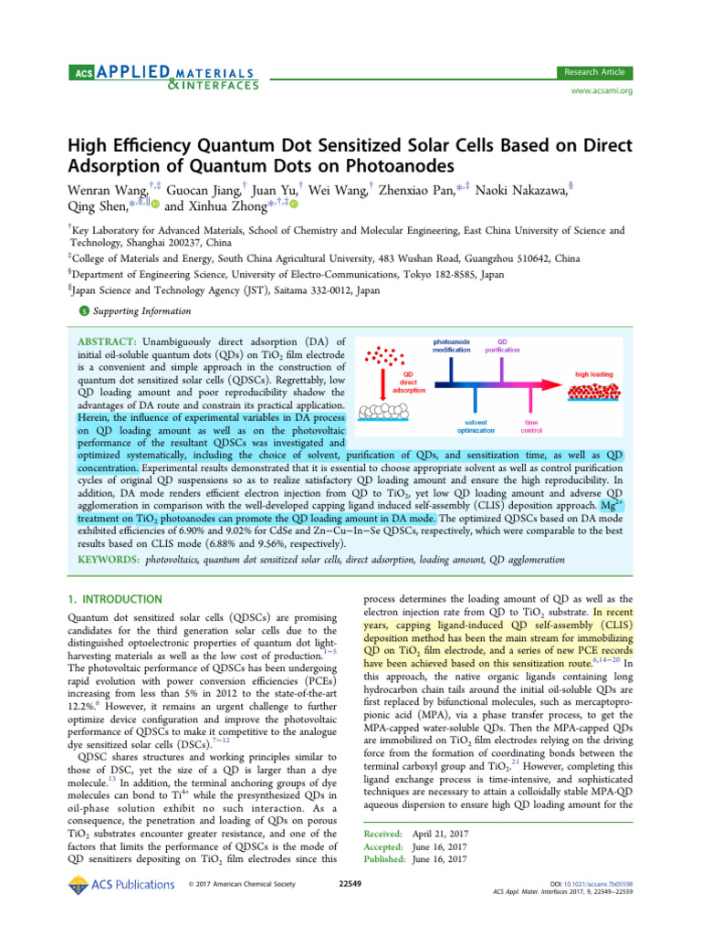 High Efficiency Quantum Dot Sensitized Solar Cells Based On Direct ...