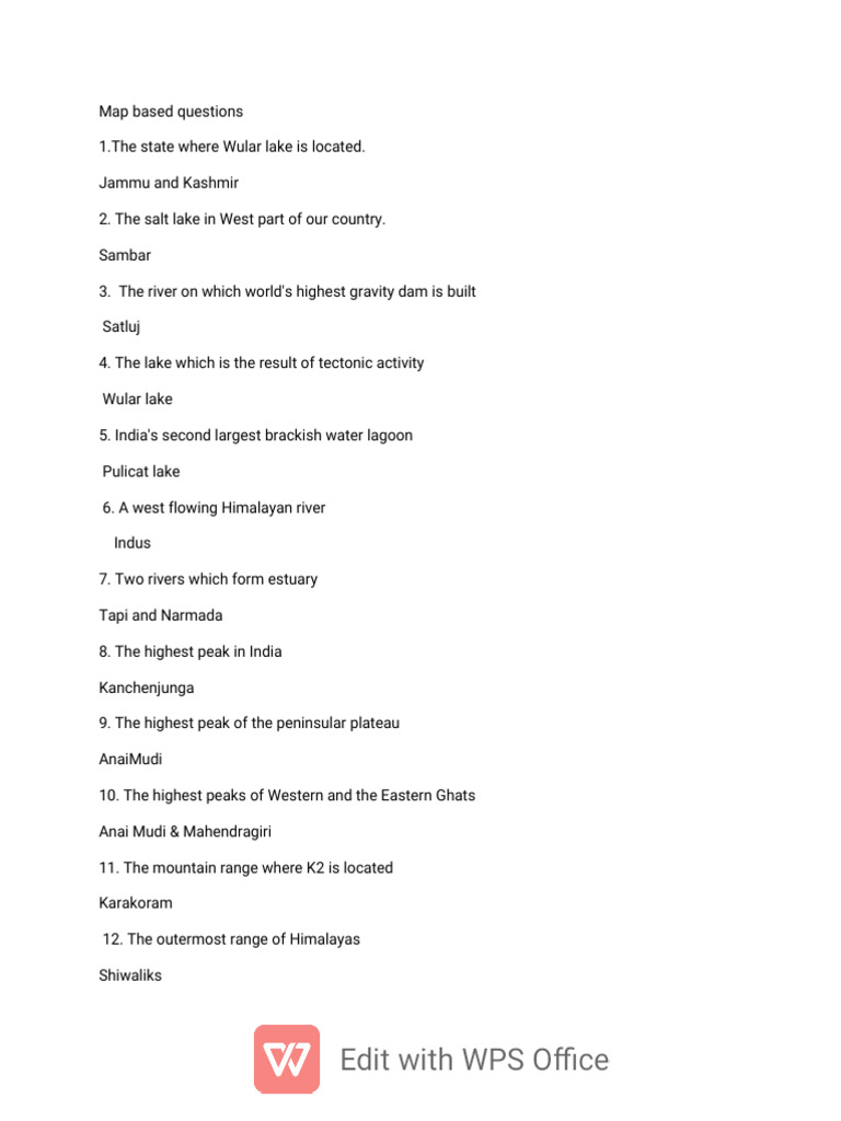 Indian Geography Map Quiz Questions | PDF