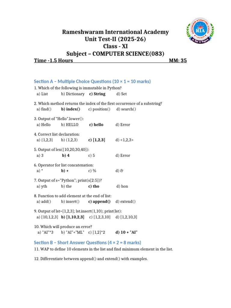 Class XI Computer Science Unit Test | PDF | Software Engineering ...