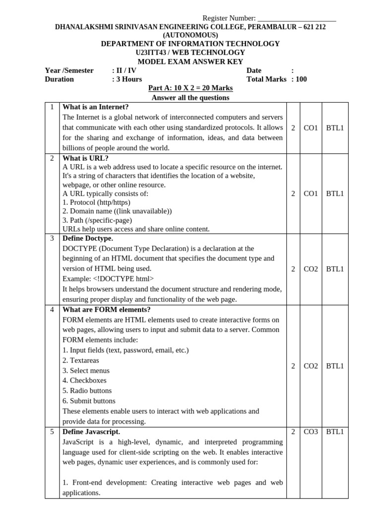 Web Technology Model Exam Answer Key | PDF | Websites | World Wide Web