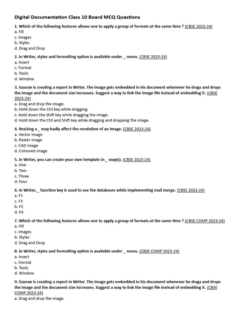 Class 10 Digital Documentation MCQs | PDF | Databases | Spreadsheet