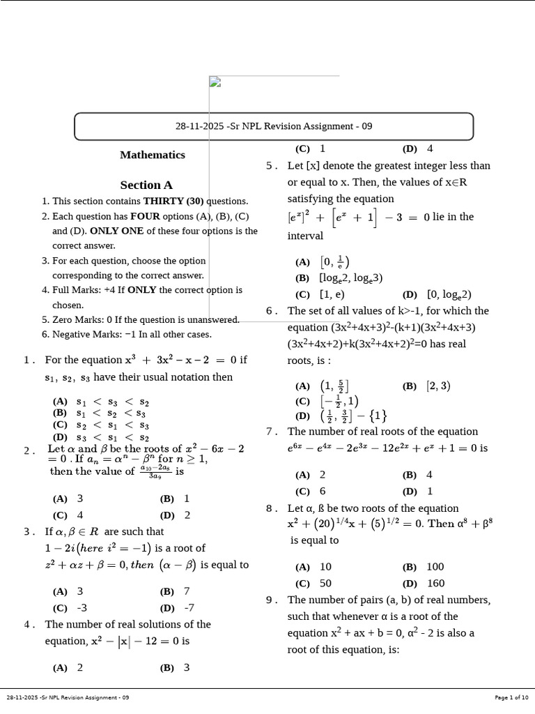 28-11-2025 - SR NPL Revision Assignment - 09 QP | PDF | Equations ...