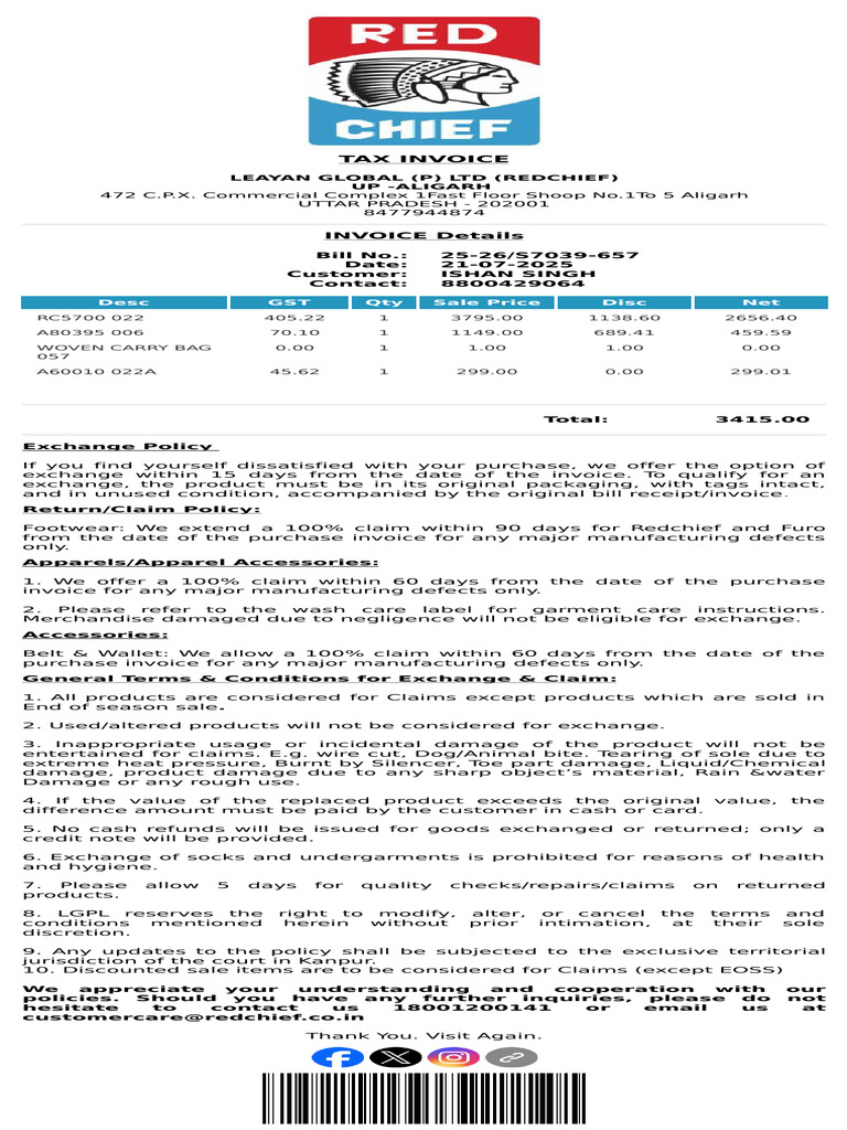 Redchief Tax Invoice & Return Policy | PDF | Invoice