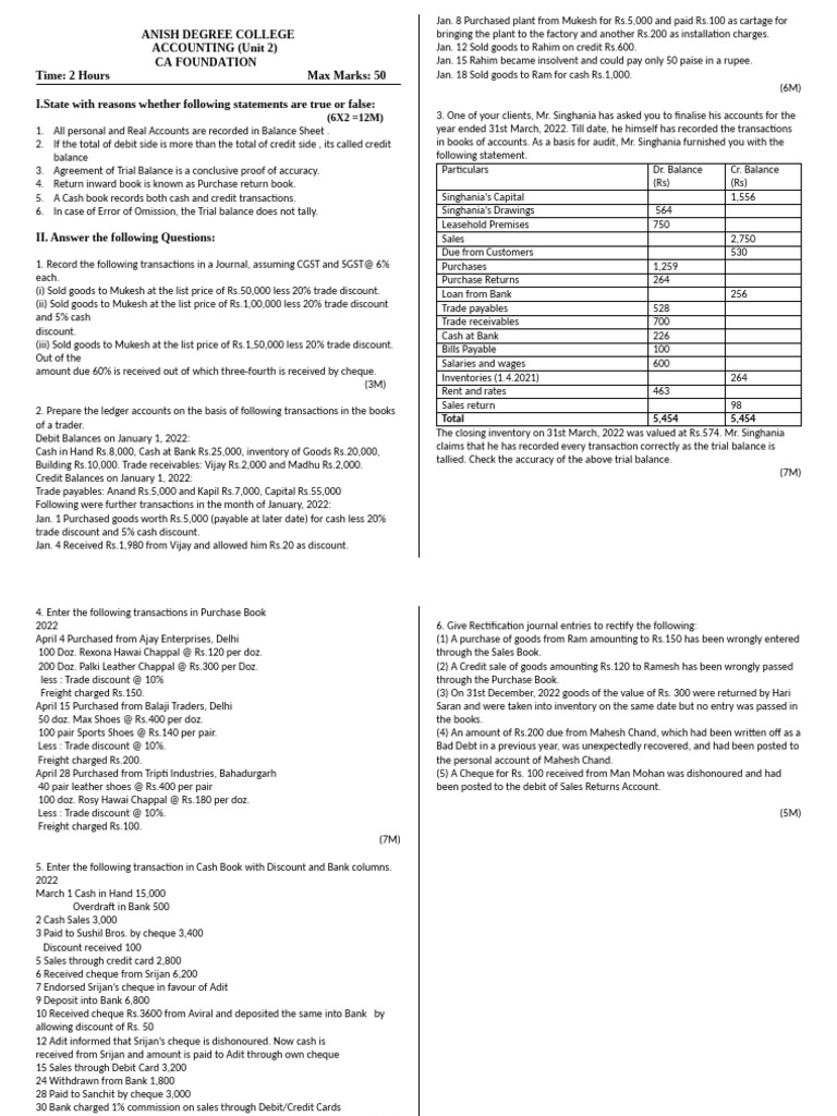 CAF - Accounts (Unit 2) | PDF | Debits And Credits | Financial Services