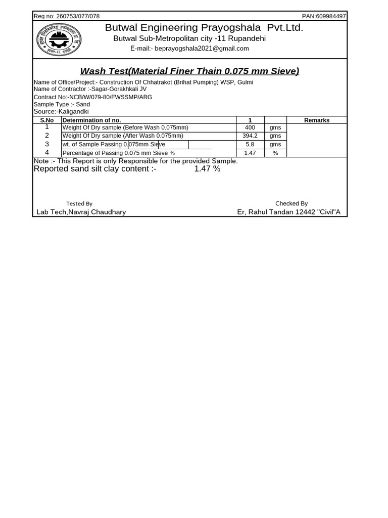 Wash Test Report for Sand Sample | PDF