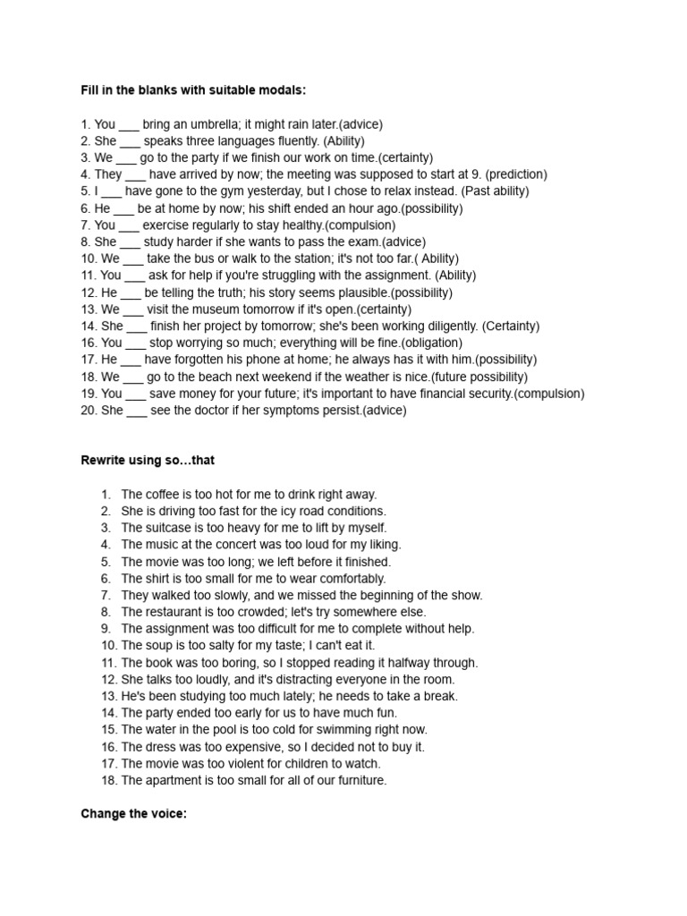 Modals, Voice Changes, and Sentence Rewrites | PDF