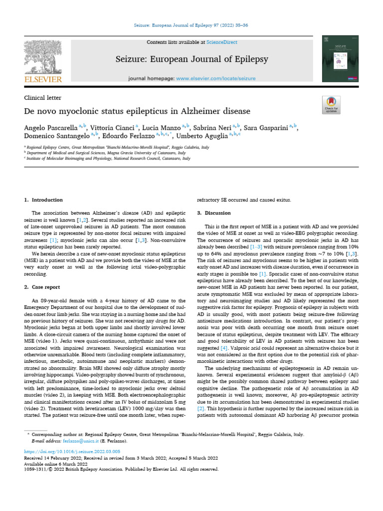 8 - Pascarella 2022 - de Novo Myoclonic Status Epilepticus in Alzheimer ...