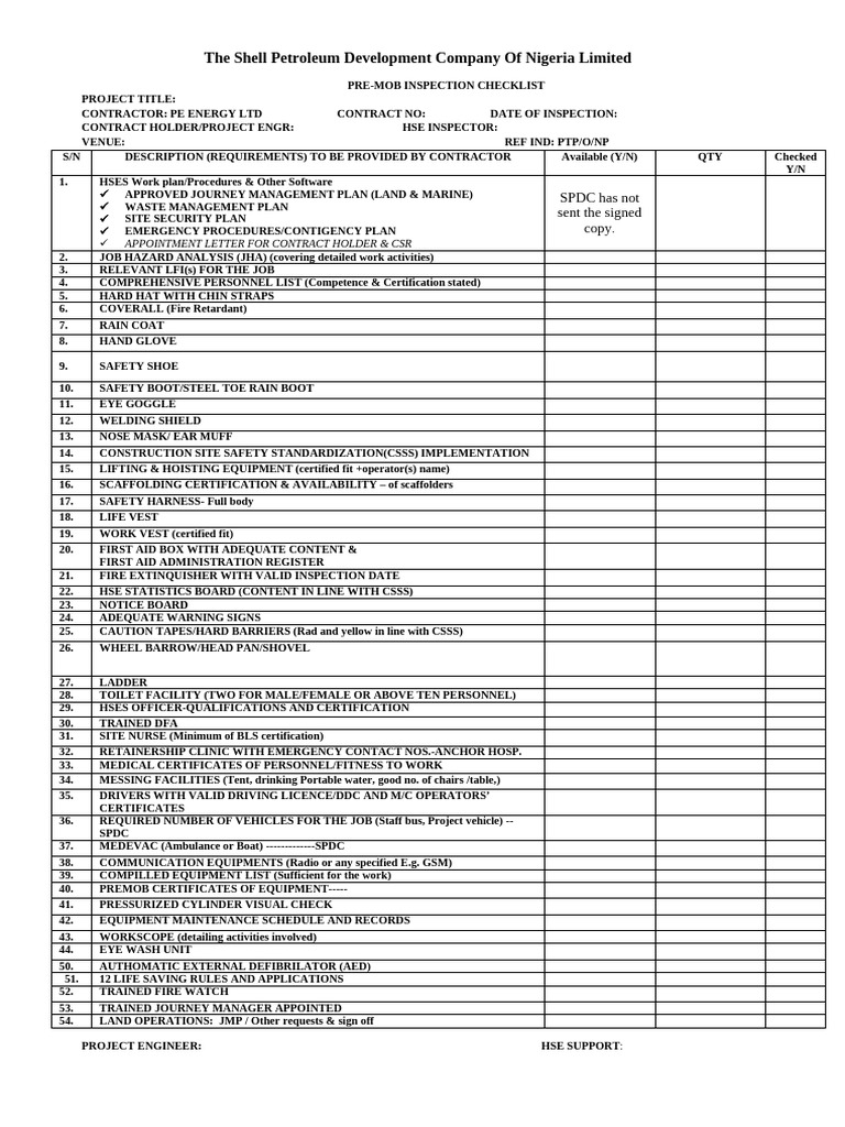 Pre-Mob Inspection Checklist for SPDC | PDF | Safety