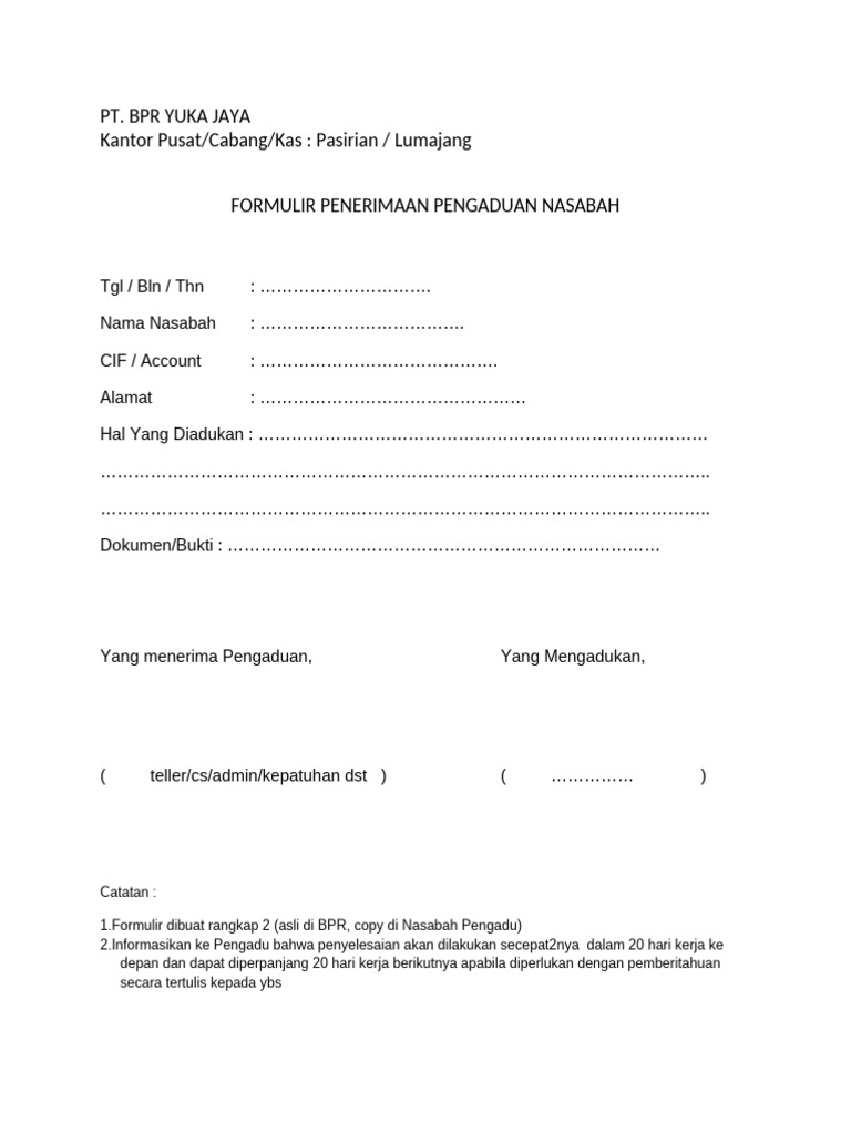 Formulir Pengaduan Nasabah BPR Yuka Jaya | PDF