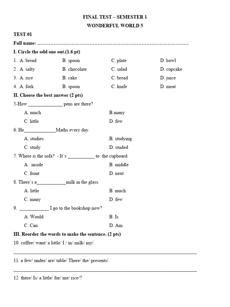 Semester 1 Final Test: Wonderful World 5 | PDF | Desserts | Lunch