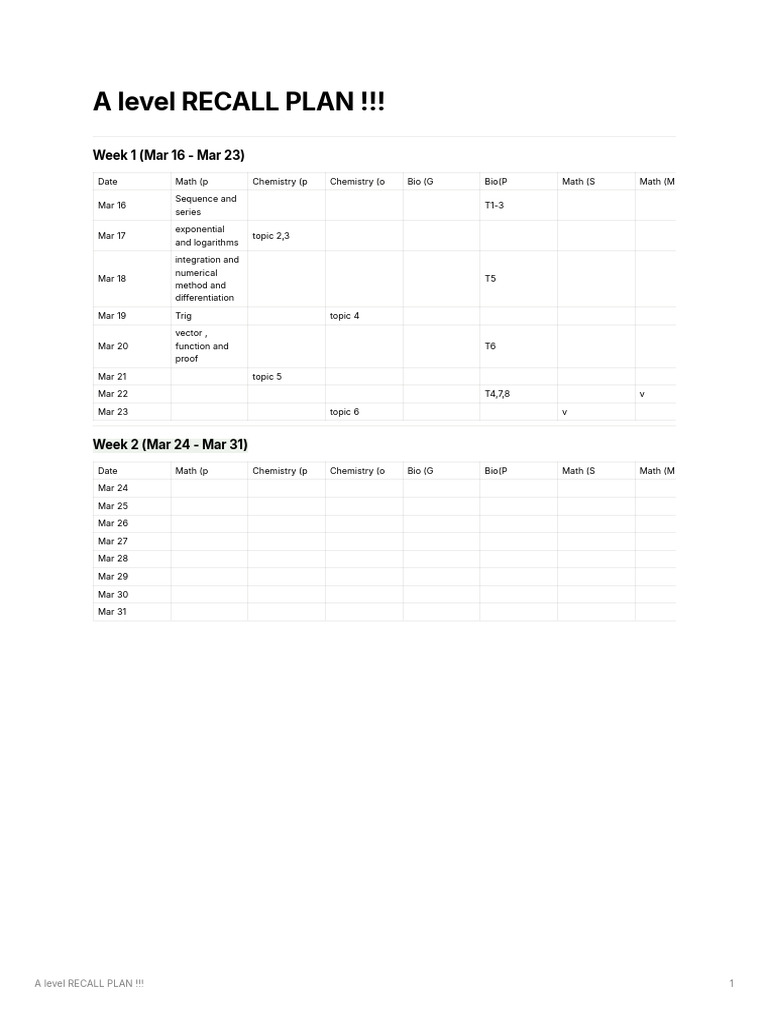 A Level RECALL PLAN !!! | PDF