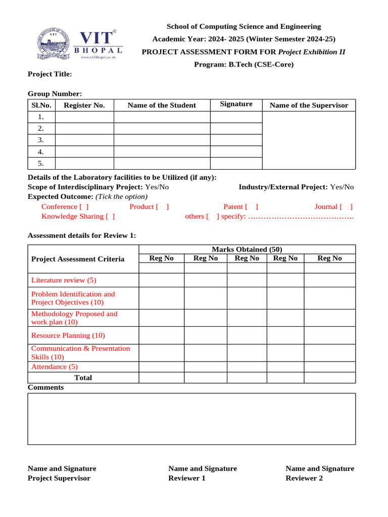Project Assessment Form for CSE 2024-25 | PDF