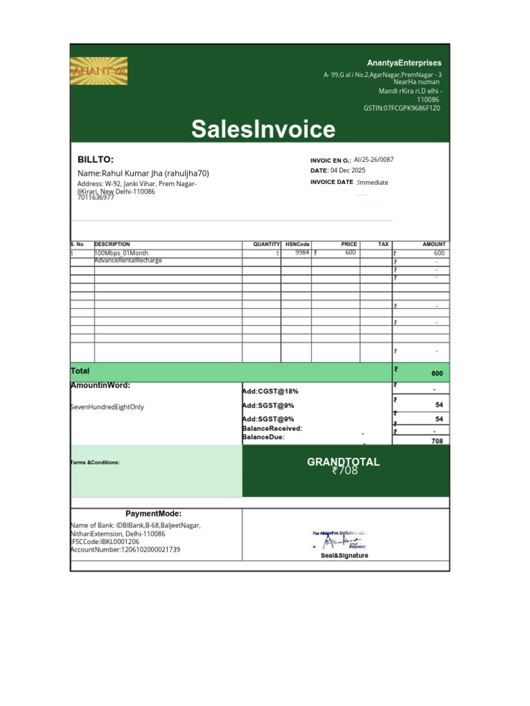 Invoice for 100Mbps Service Payment | PDF