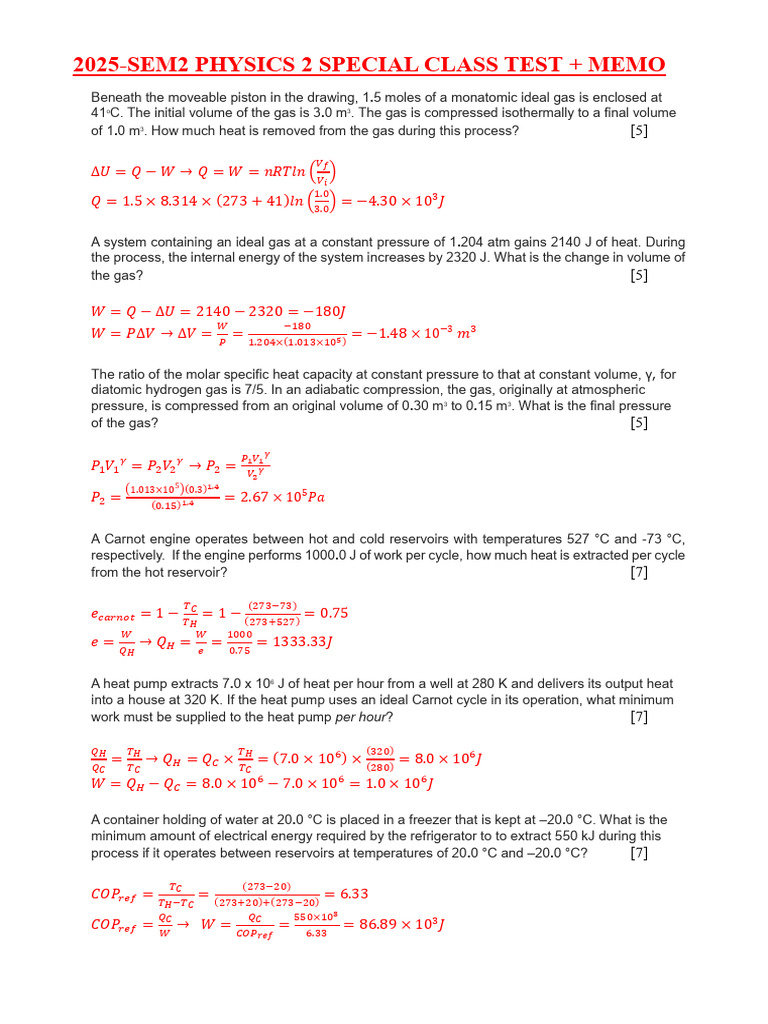 Physics 2 Special Class Test 2025 | PDF | Heat | Gases