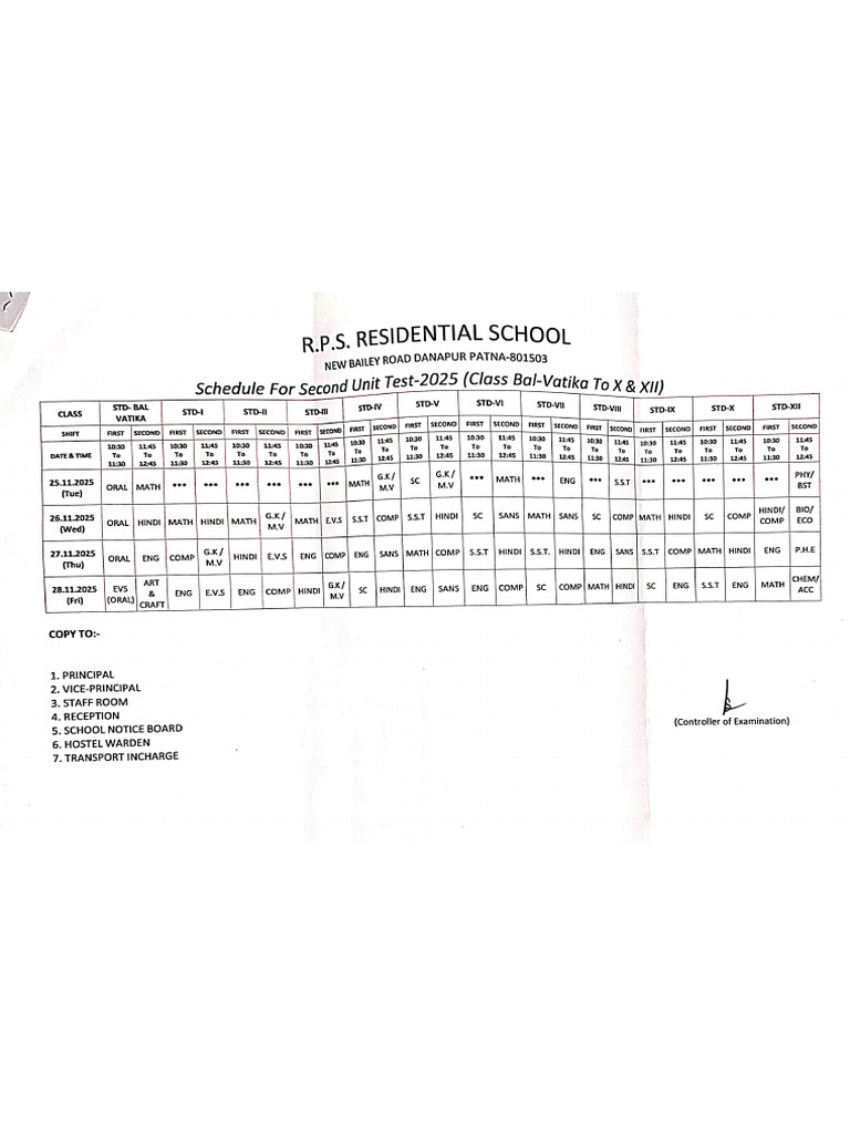 Schedule For Second Unit Test - 2025 | PDF