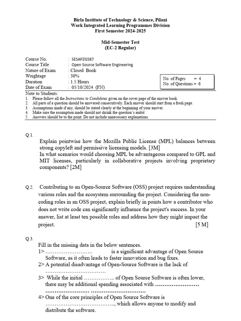 Open Source Software Engineering Exam 2024 | PDF | Software Engineering