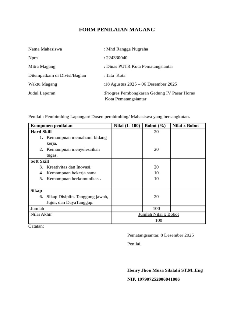 Form Penilaian Magang 4 | PDF