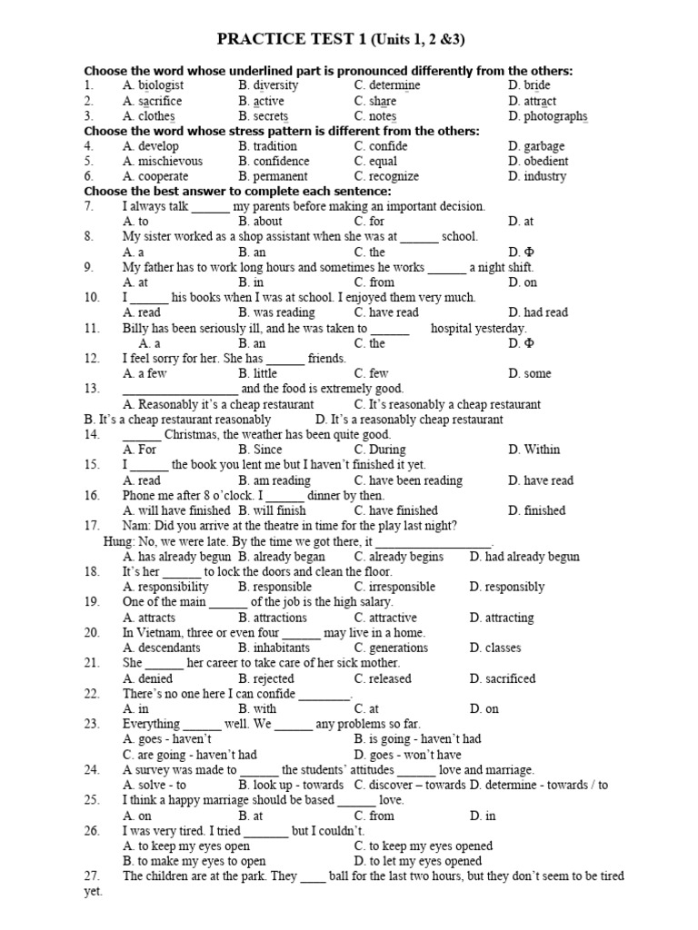 English Practice Test for Units 1-3 | PDF | Study Skills