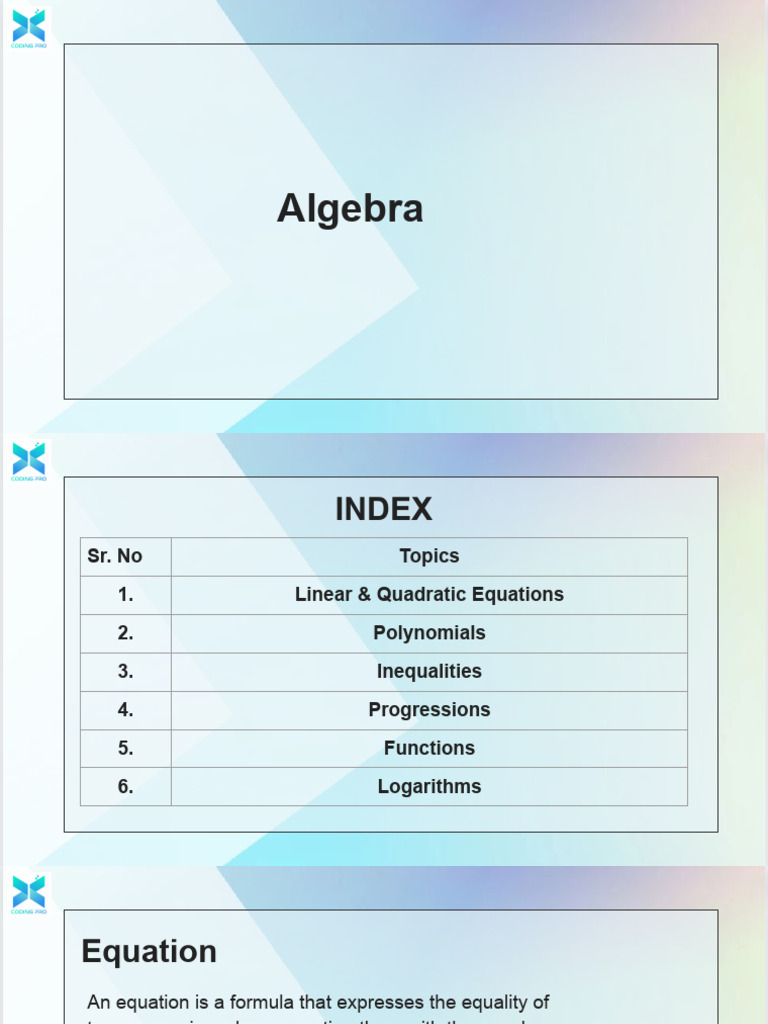 Algebra Concepts and Equations Guide | PDF | Equations | Logarithm