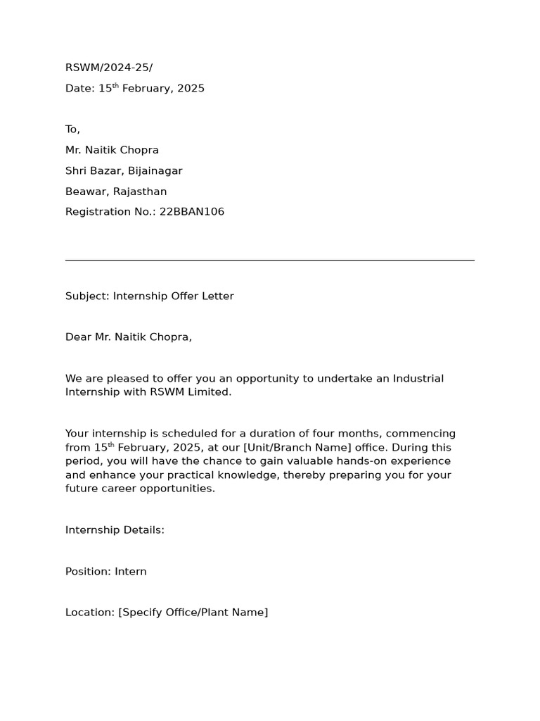 RSWM Internship Offer Letter 2025 | PDF