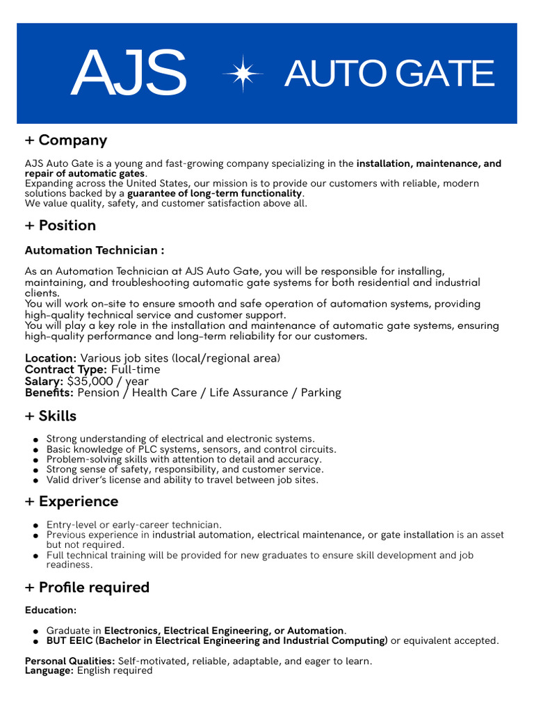 Automation Technician Job at AJS Auto Gate | PDF