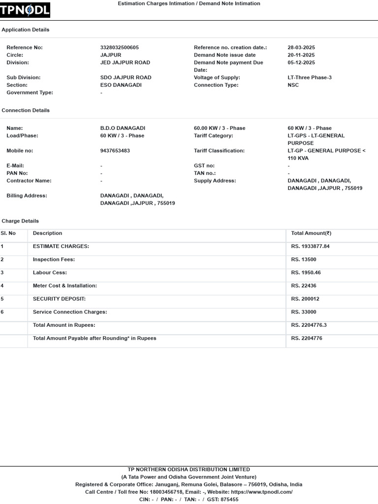 Demand Note Bdo Danagadi | PDF | Electrical Engineering | Electricity